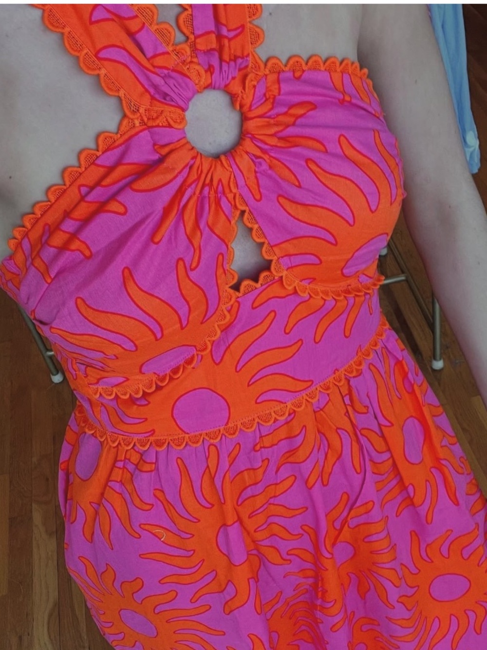NWT J.Marie Mara Ric Rac Halter Midi Dress Pink Orange Sun Print Sz S - Picture 3 of 8